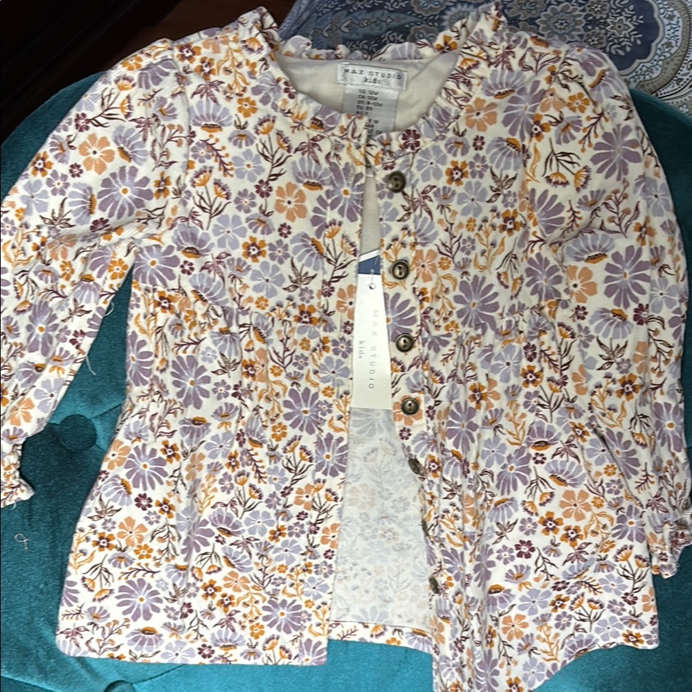 3 piece set Floral Button-Up with matching  pants and faux fur vest